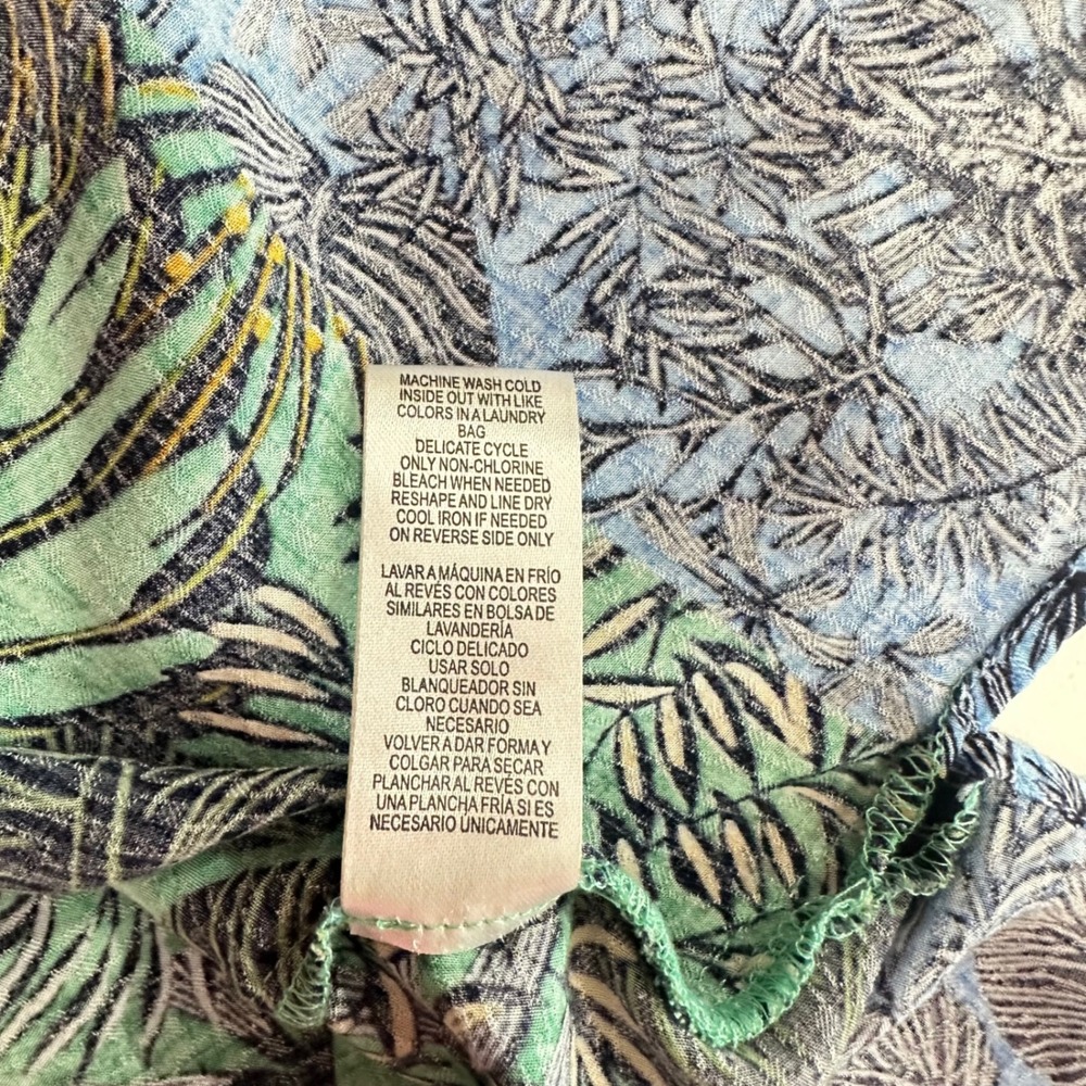 Democracy Tropical Palm Print Smocked Cap Sleeve Top Boho Green Blue Women's M - Picture 8 of 9